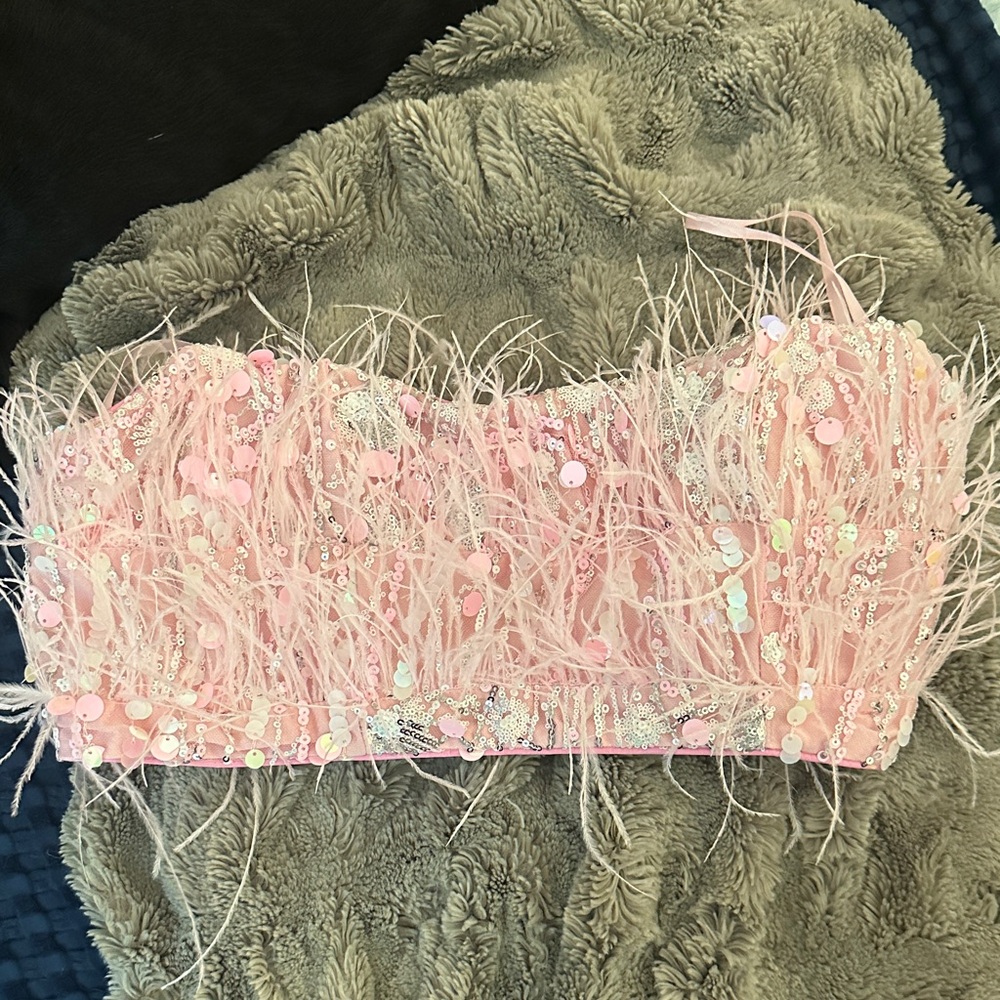 Eliya the Label Heather Pink Feather Sequin Crop Top